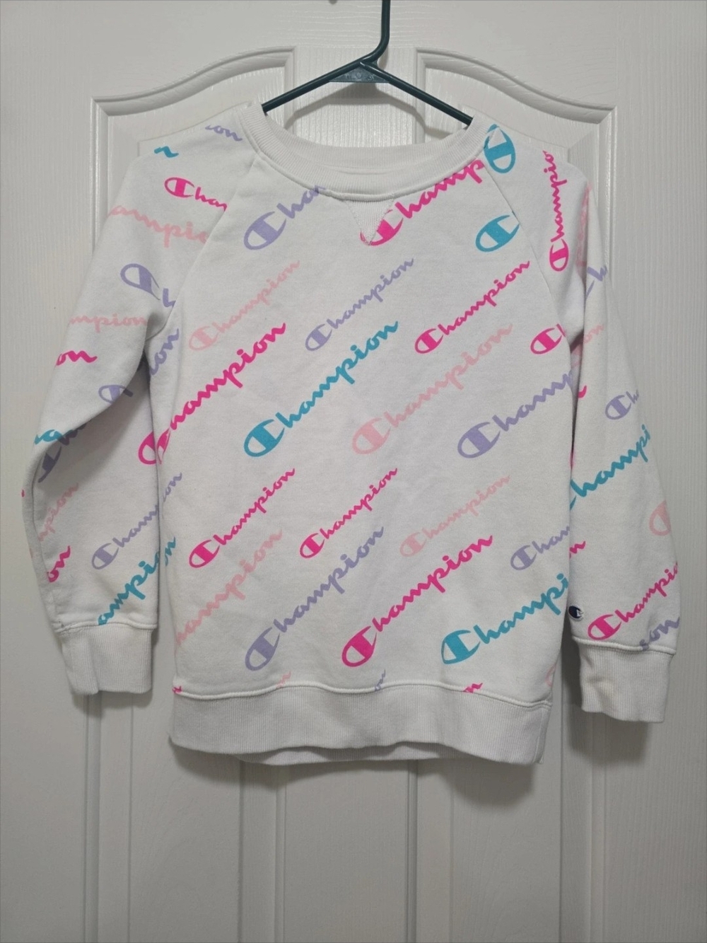 Champion Girls' White Allover Logo Crewneck Sweatshirt - Pink/Blue/Purple